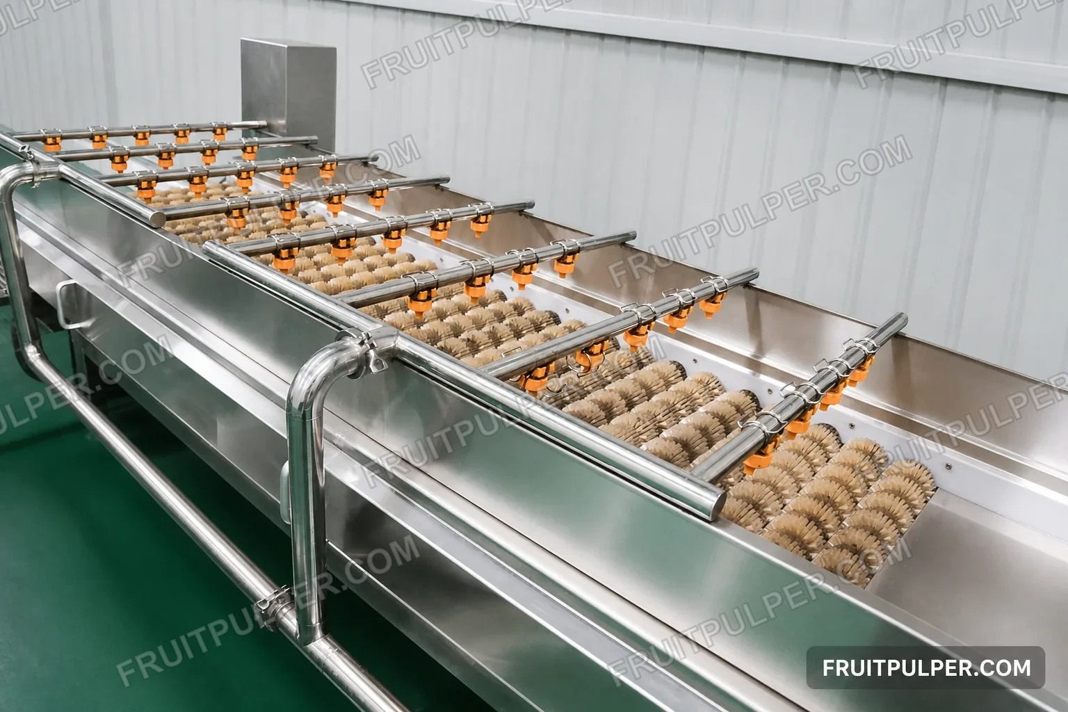 Watermarked reference derivative of a fruit brush washer with spray bars and rollers