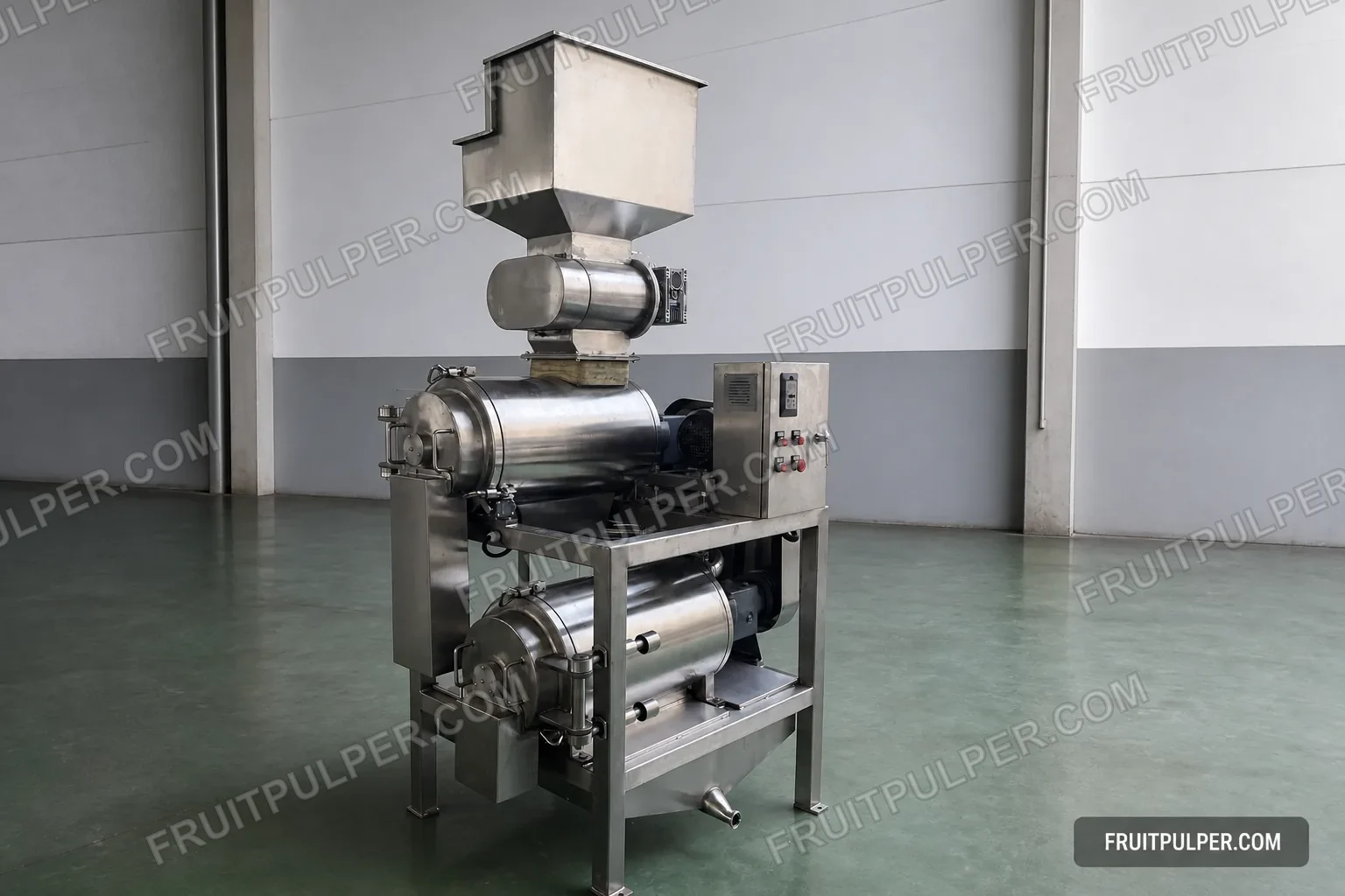 Watermarked reference derivative of a mango destoner pulper with feed hopper and stacked processing chambers