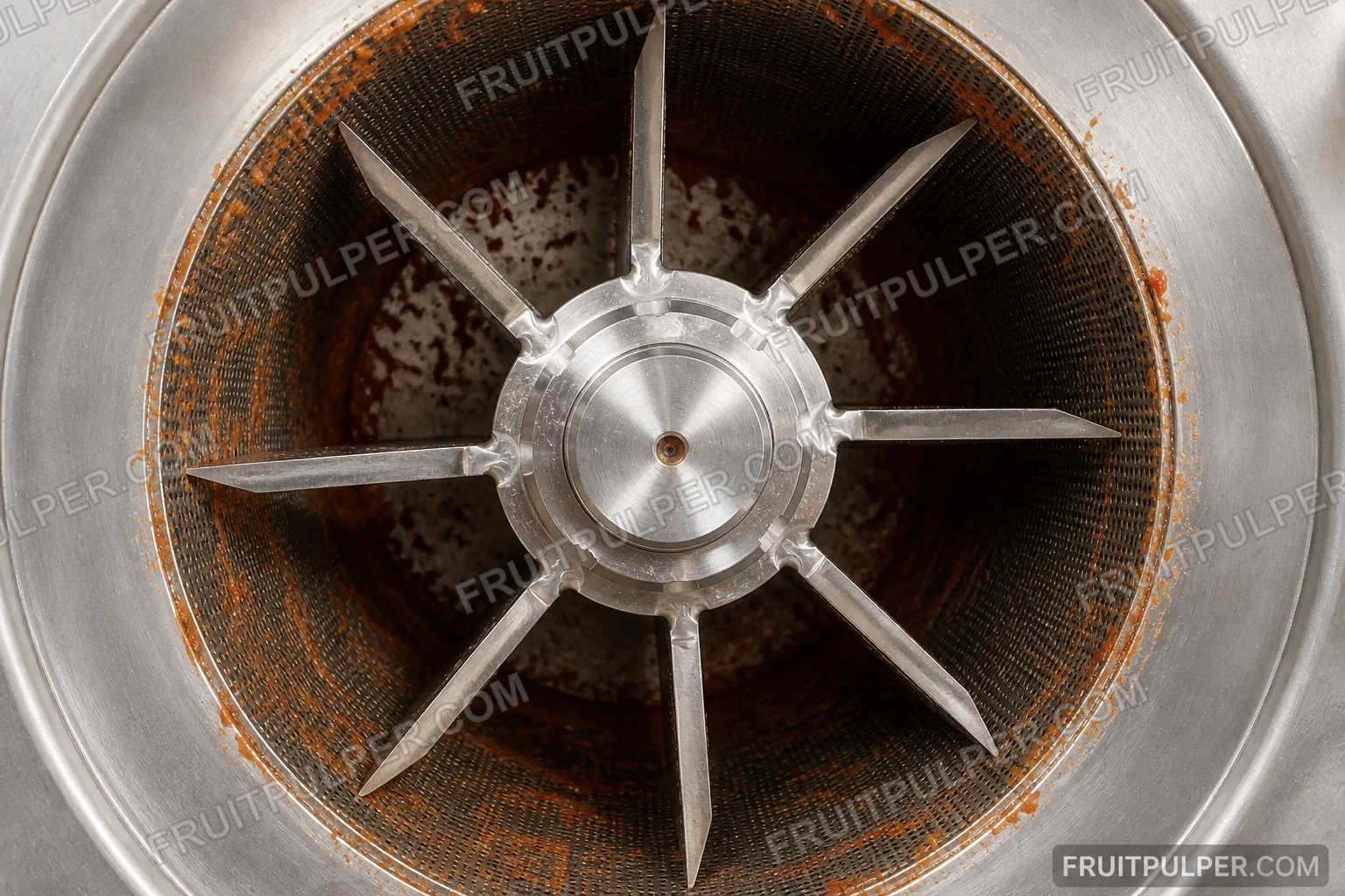 Watermarked close-up reference derivative of a fruit pulper screen, rotor and paddles