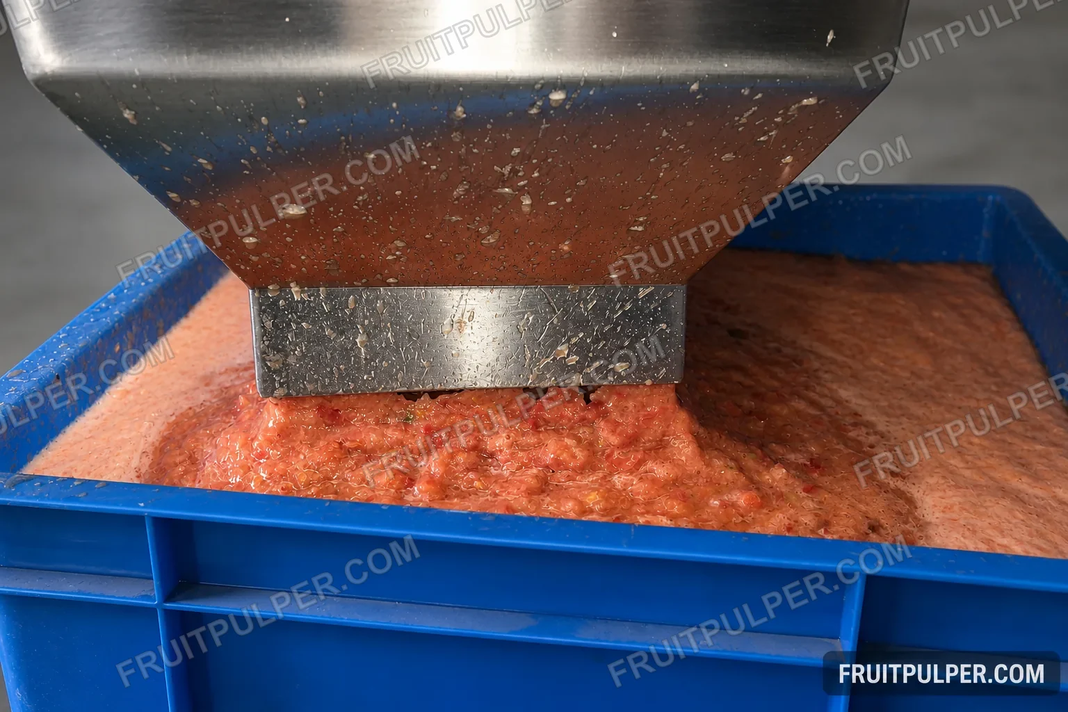 Watermarked factory-test reference derivative showing tomato pulp leaving a pulper outlet